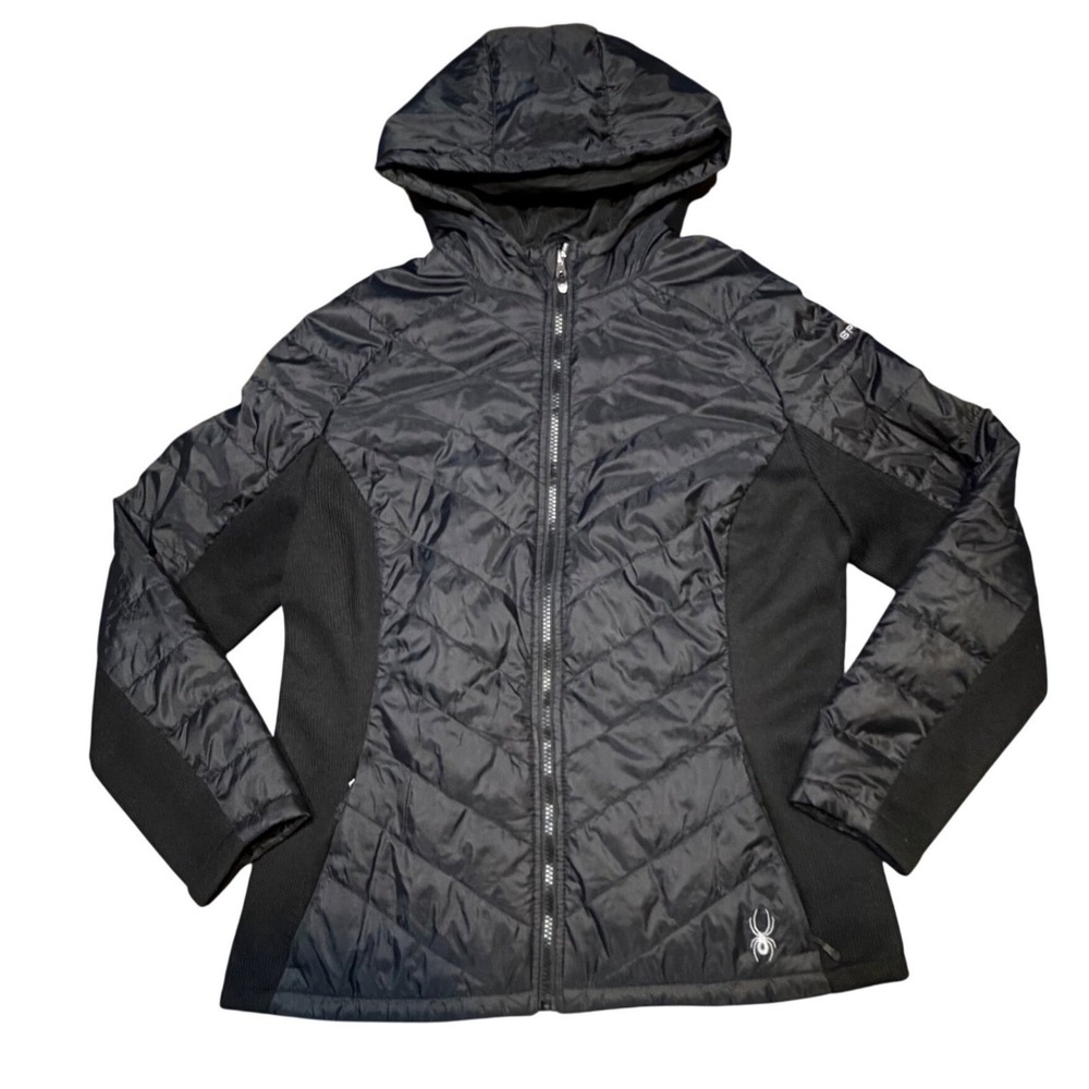 Spyder Womens Black Hybrid Quilted Puffer Hooded Jacket Large Light Weight